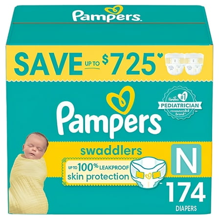 Pampers Swaddlers Diapers, Newborn (Less than 10 Pounds), 174 Count