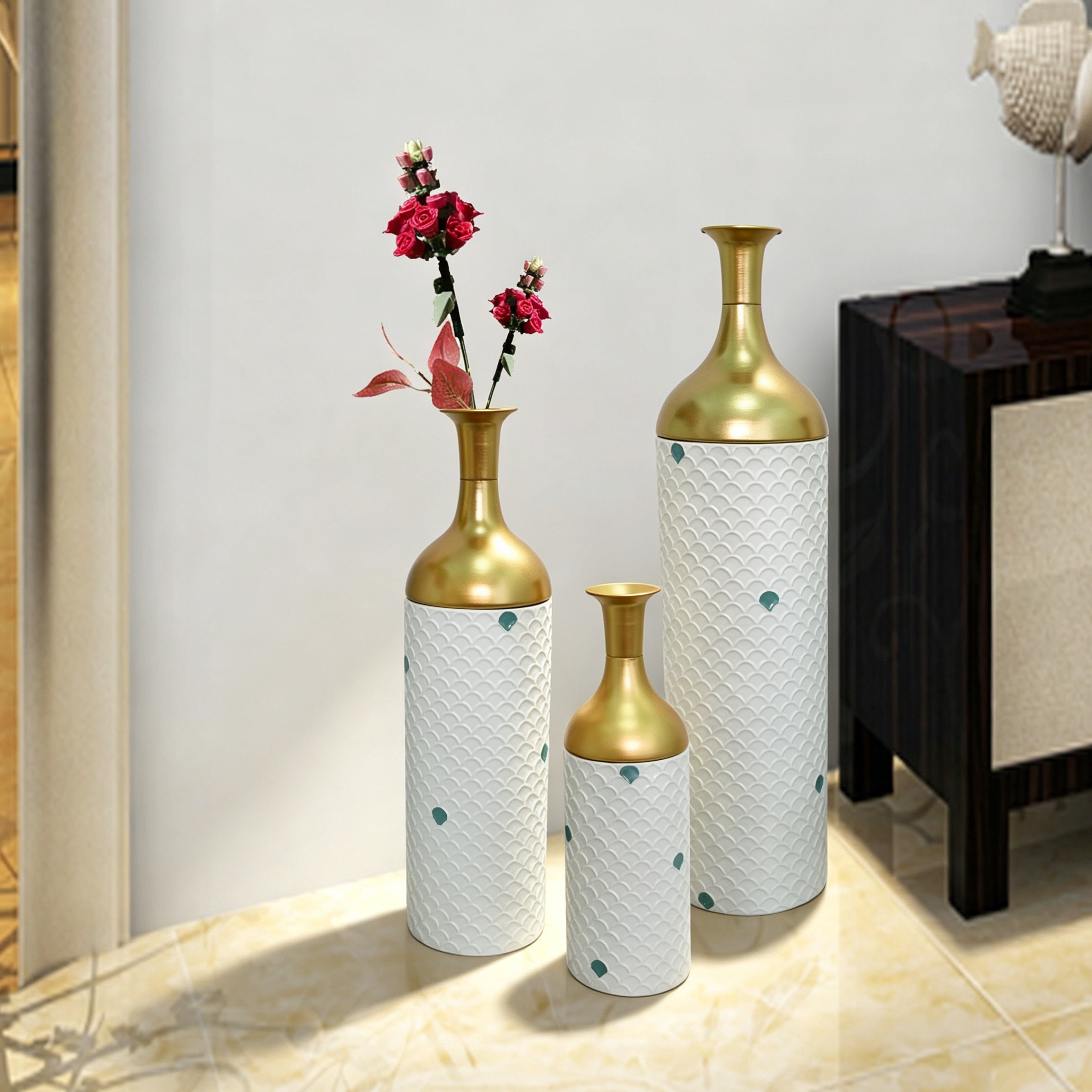 Metal Floor Vases Set of 3 with Leaf Pattern, Tall Decorative Vases and Home Decor Accents for Living Room Entryway, White and Gold
