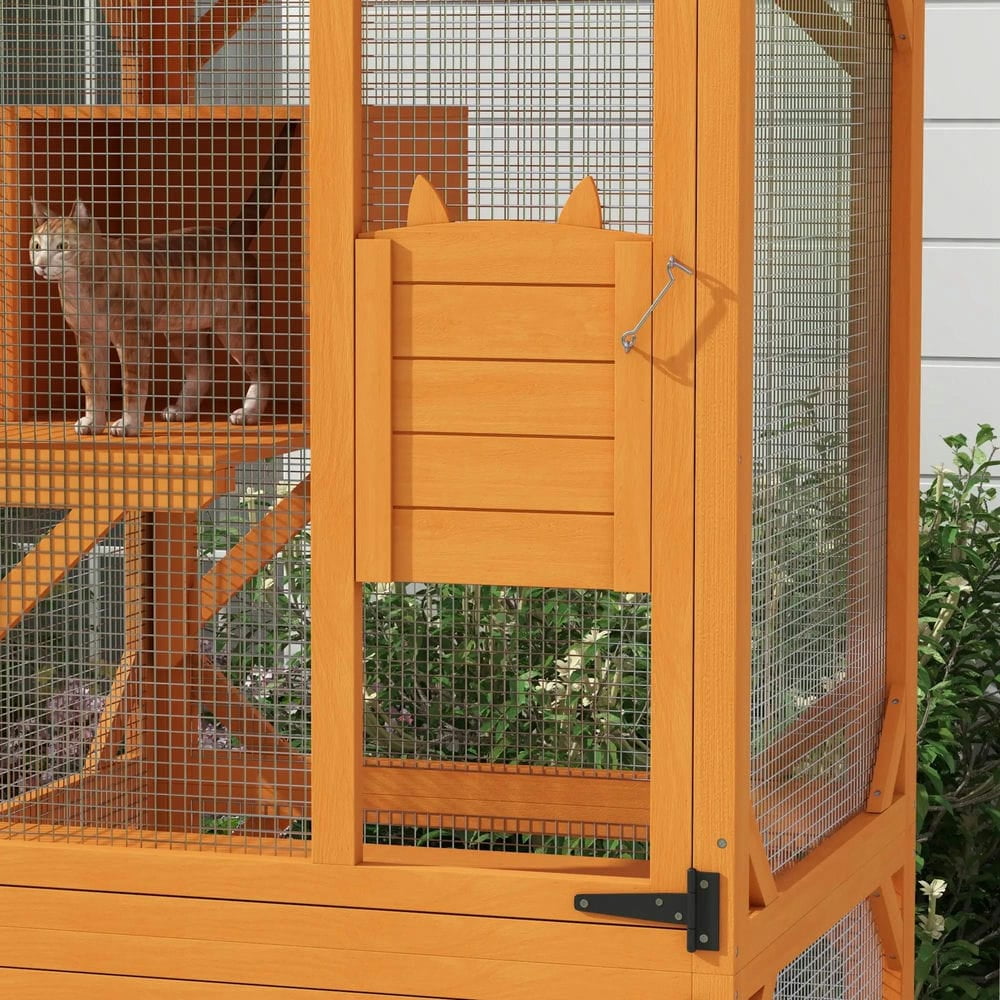 Topcobe Large Cat House for 1-3 Cats on Wheels Wooden Catio Enclosure, Outside Pet Shelter, Small Animal Habitat, Orange