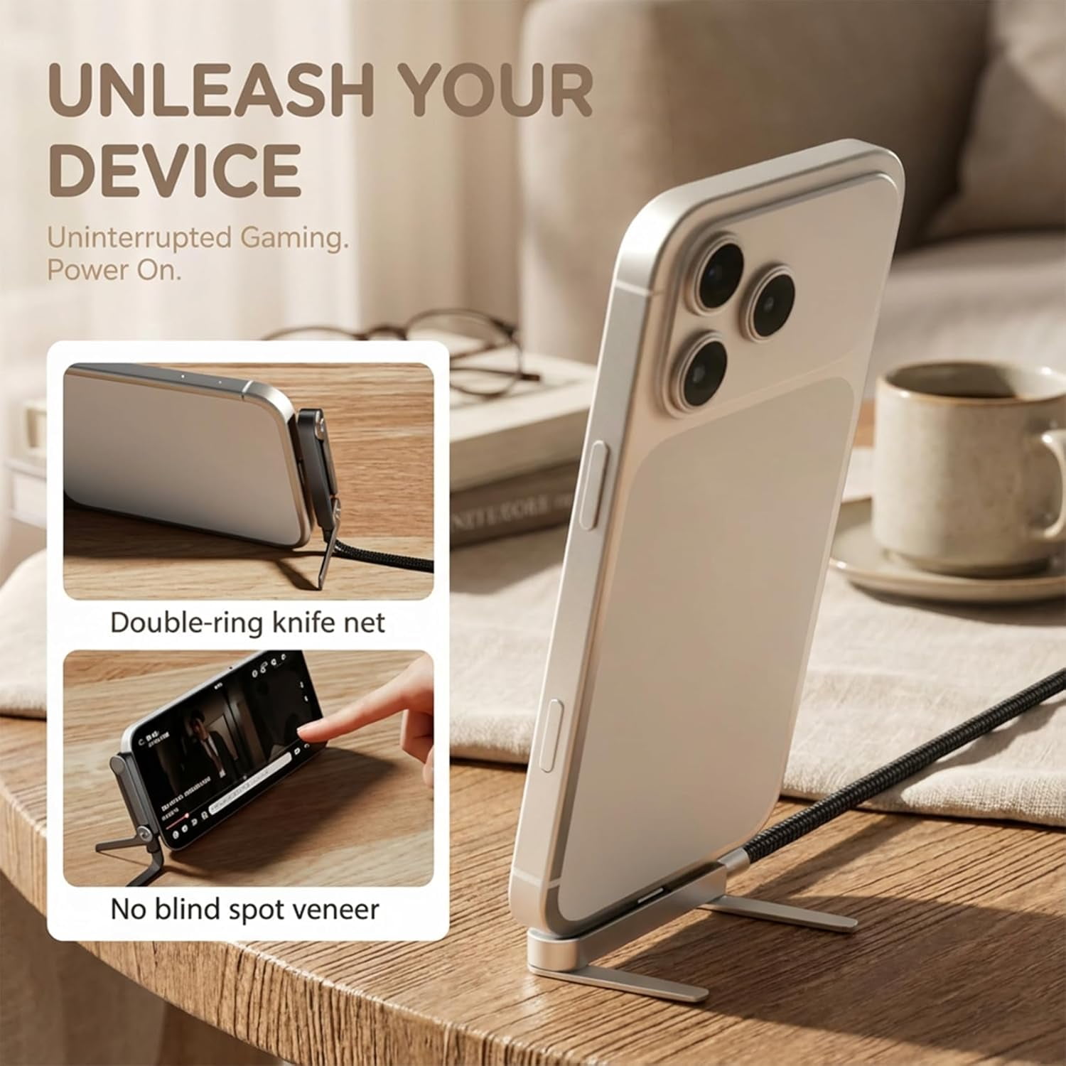 Sideways Phone Charger, 2-in-1 Invisible Stand Charging Cable with 240W Fast Charging, Built-in Phone Holder & Braided Cable for Smartphones Tablets