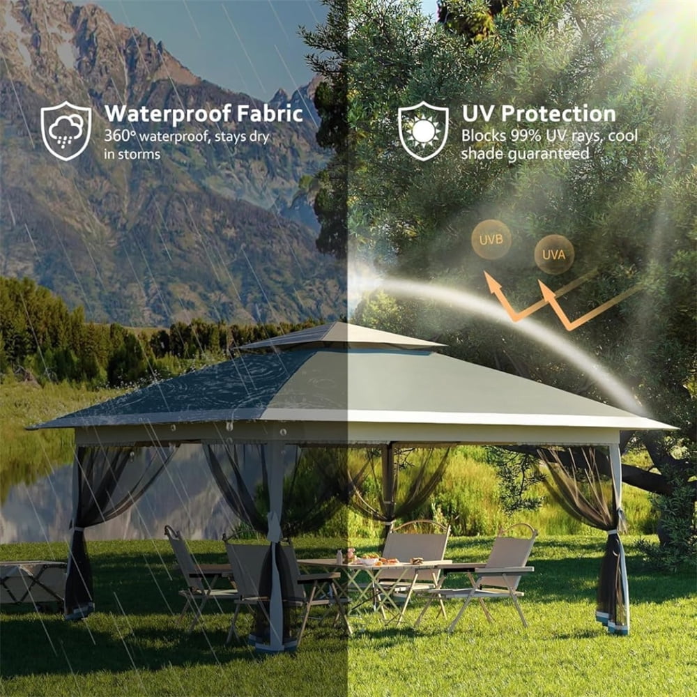 13x13Pop-Up-Gazebo Outdoor Canopy Tent with Mosquito Netting, [Adjustable Height & Spacious] Pop Up Tent with Double Roof, UV-Resistant Outdoor Gazebo for Backyard, Patio, Lawn, Garden, Deck
