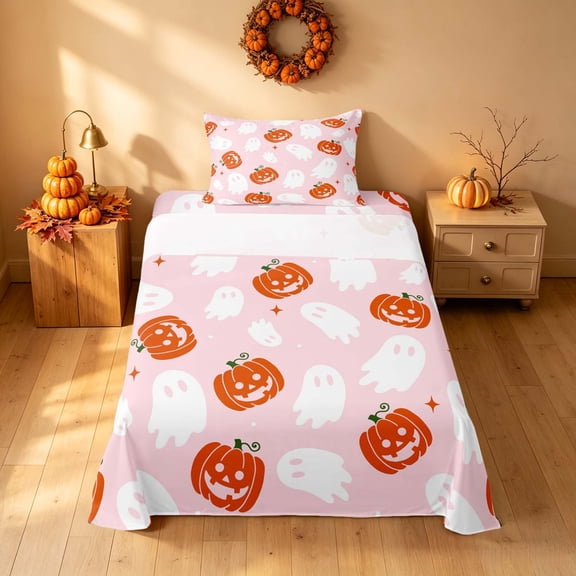 Homewish Ghost Pumpkin Twin Sheets for Girls, Happy Halloween Themed Bedding, Pink Orange White, 3pcs (1 Flat Sheet, 1 Fitted Sheet and 1 Pillowcase)