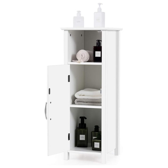 Bathroom Storage Cabinet, Freestanding Narrow Storage Organizer with Open Shelf & Adjustable Shelf, Small Slim Floor Cabinet for Bathroom, Living Room, Entryway, Office, White