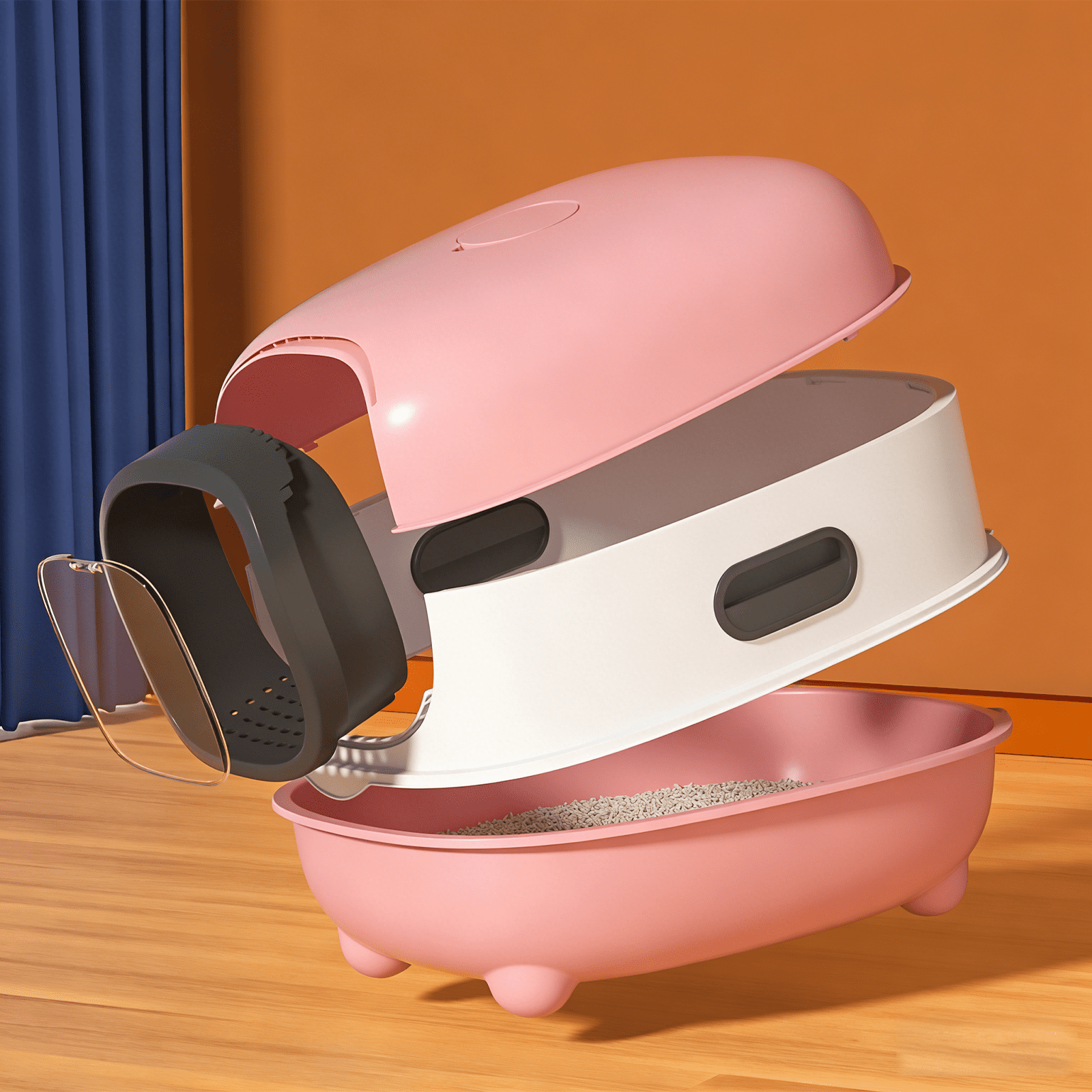 spacious fully enclosed pink cat litter box with a cat litter scoop
