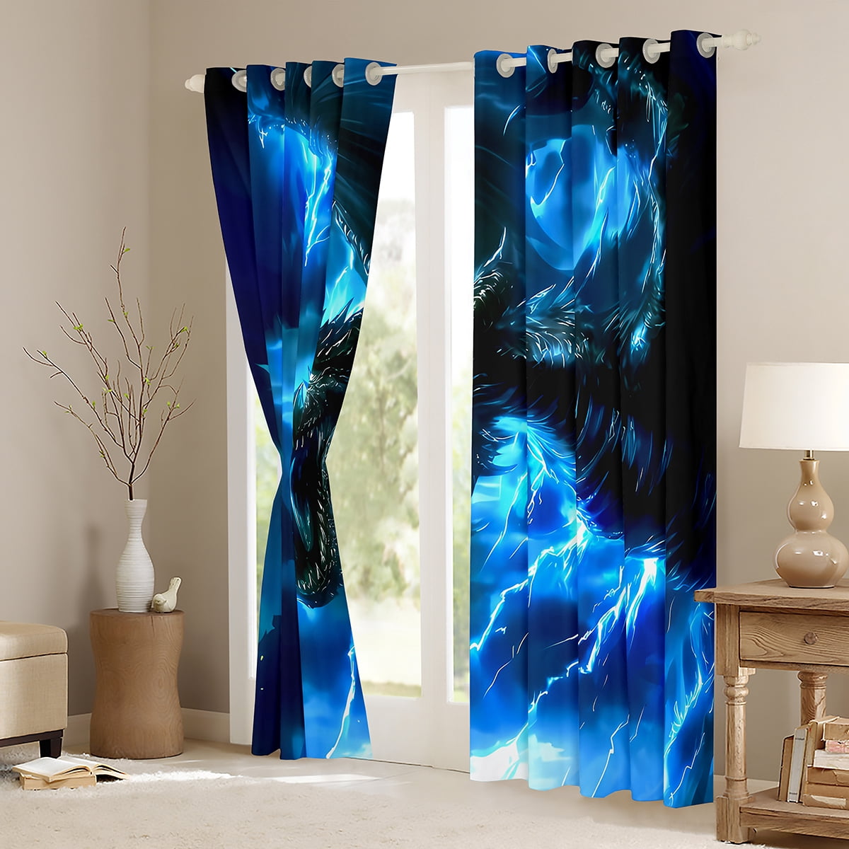 Manfei Magic Dragon Black Out Curtains, Magical Animal Wildlife Curtains Pack of 2 (42x63 Each), Blue Lightning Bedroom Curtains, Luxury Bedroom Decor