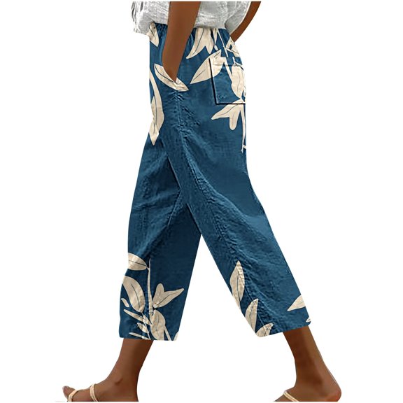 Women's Capris Pants Casual Tie Elastic Waist Print Trousers with Pocket Loose Harem Hem Fashion Bottoms, Multicolor, XXL