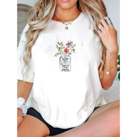 Halloween Grandma T Shirt Flower Art Maple Leaf Pattern Tee Top Trendy Short Sleeve Round Neck White S-5XL