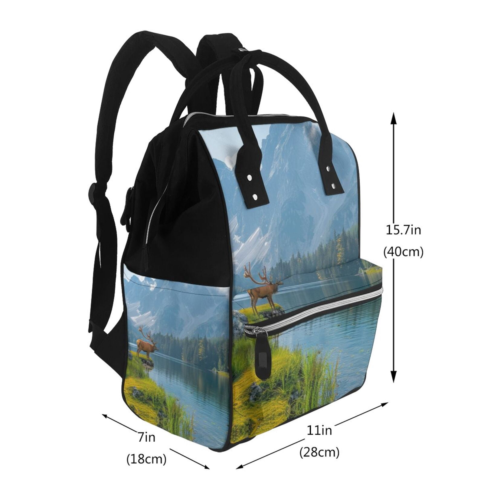 Ratiio Majestic Deer Mountain Lake Mummy Backpack - Waterproof Twill Canvas, Large Capacity Diaper Bag with Multiple Pockets and Adjustable Straps