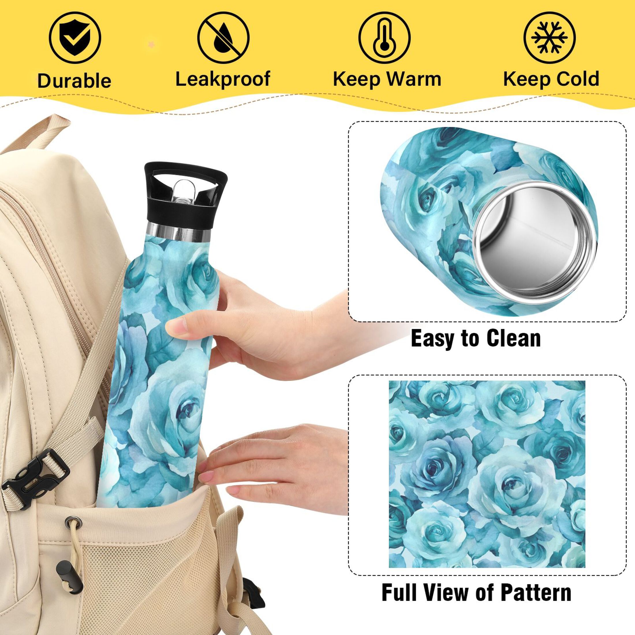 600ML Stainless Steel Insulated Cup Sports Water Bottle Portable Thermos Cup Water Glasses Insulated Tumblers Convenient and Durable Turquoise Roses