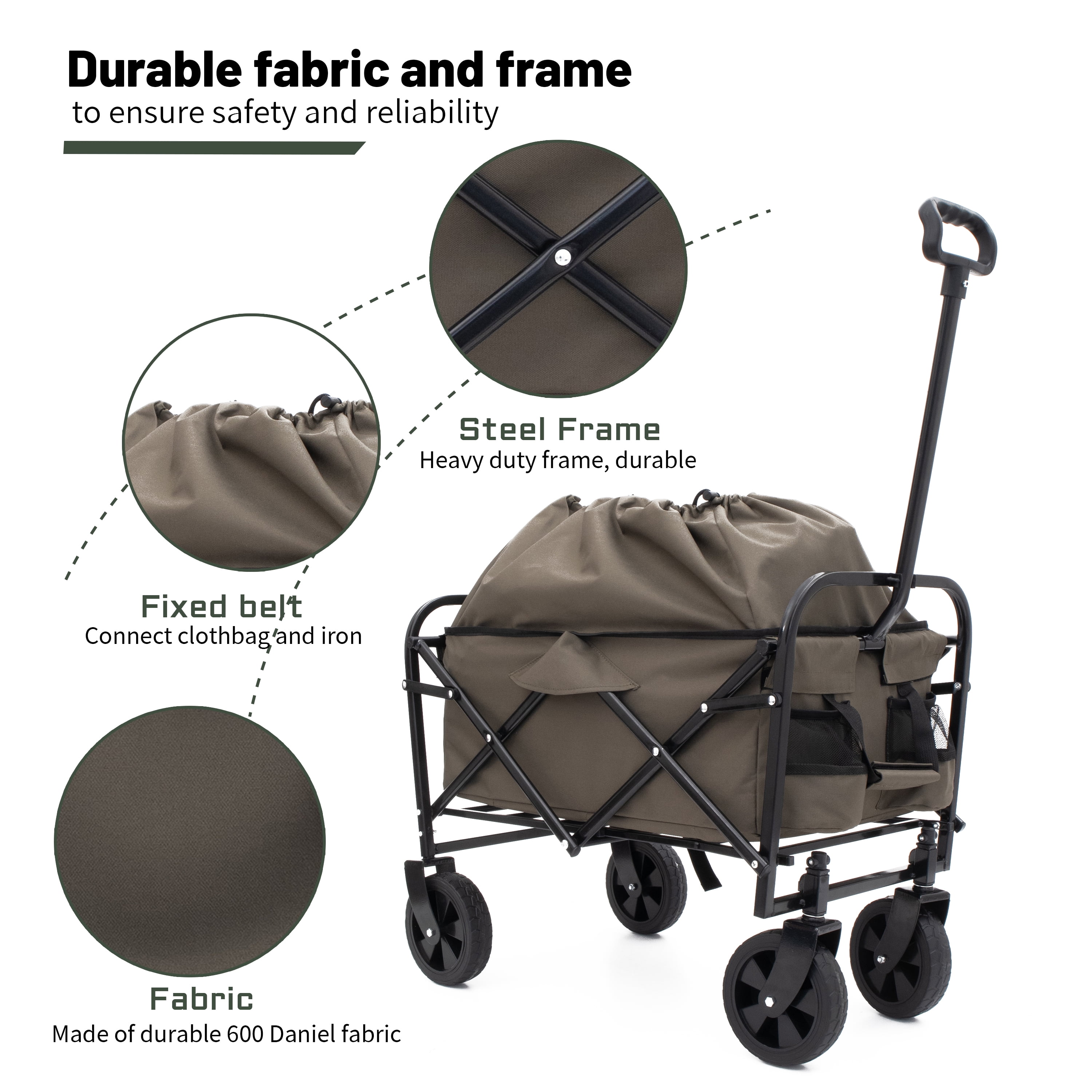 Yoneston Collapsible Wagon Cart, Portable Heavy Duty Utility Wagon with 3pcs Plastic Liner Cover Bag for Camping, Picinc, Shopping, Beach, Grocery Transport, Green