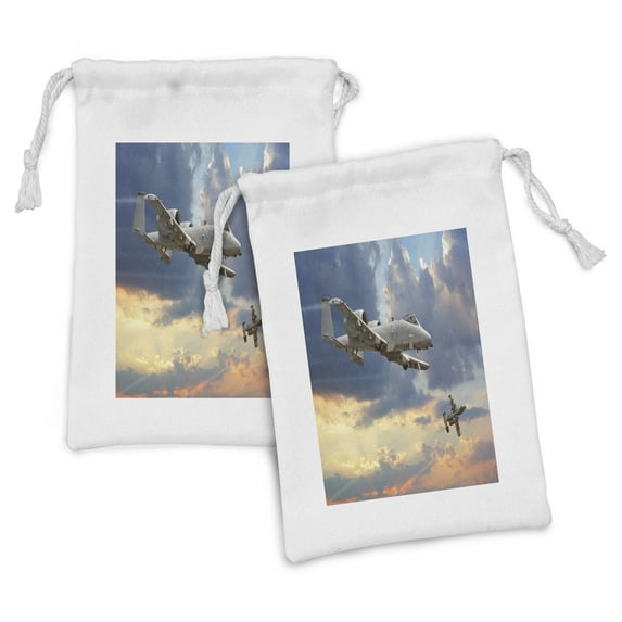 Airplane Fabric Pouch Set of 2, Peacekeepers Mission Jet up International Flight Picture Aviation Theme Image, Small Drawstring Bag for Toiletries Masks and Favors, 9" x 6", Blue Grey, by Ambesonne
