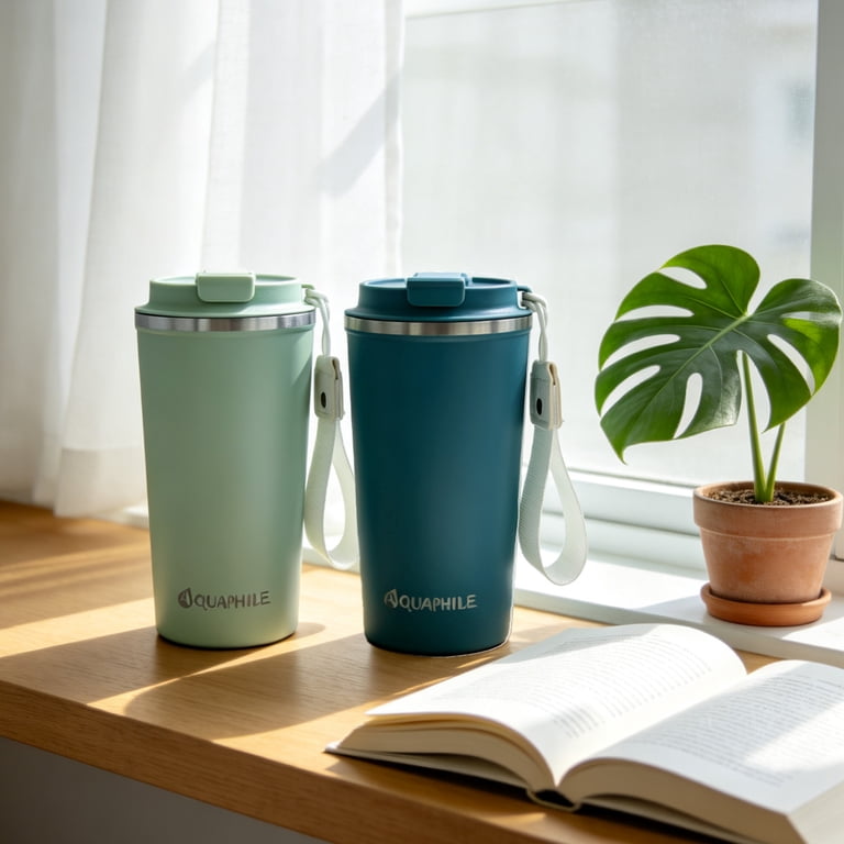 Aquaphile 17 oz Insulated Travel Coffee Mug with Strap, Blue photo 6