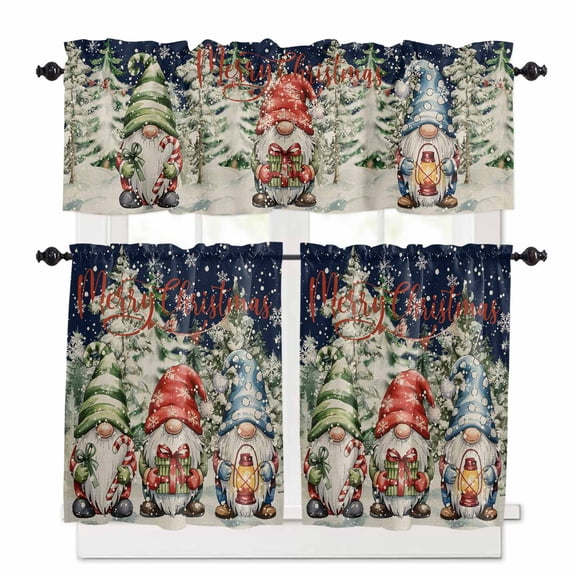 Christmas Cute Curtain Valances Set Xmas Tree Snowflake Blue Kitchen Curtains 24 inch Length Rod Pocket Valance and Tiers 3 Piece Set Small Bedroom Bathroom Laundry Decor