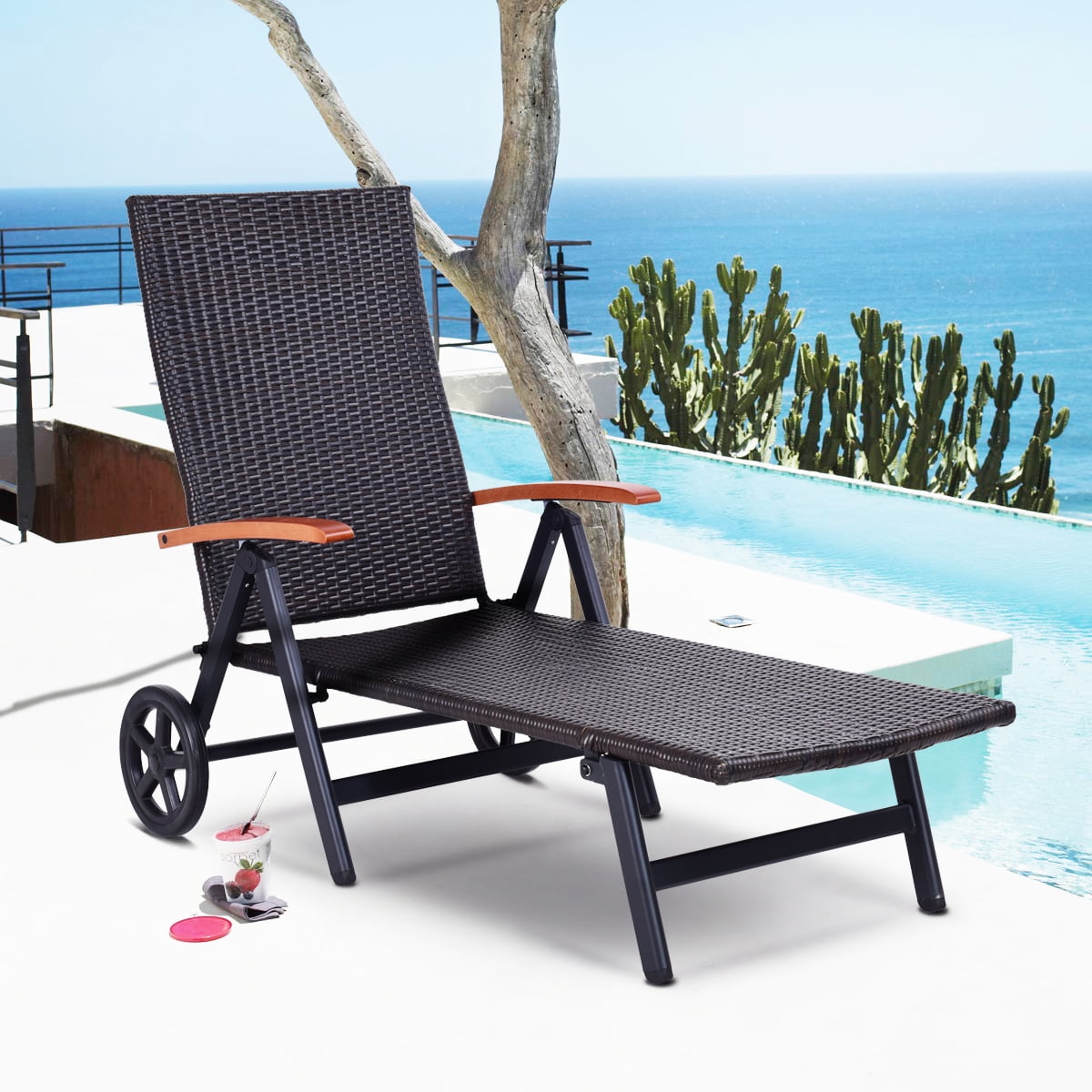 Folding Rattan Reclining Chair Adjustable Patio Chaise