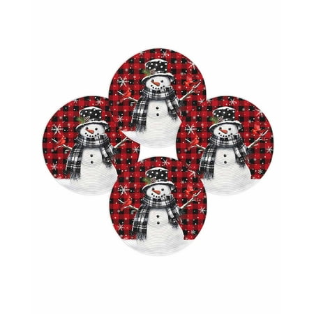 Christmas Round Placemats Set of 4 Snowman Place Mats Washable Woven Placemat Cardinal Bird Snowflake Buffalo Plaid Circle Braided Table Mat for Kitchen Dining Table Party Home Decor 15 Inch