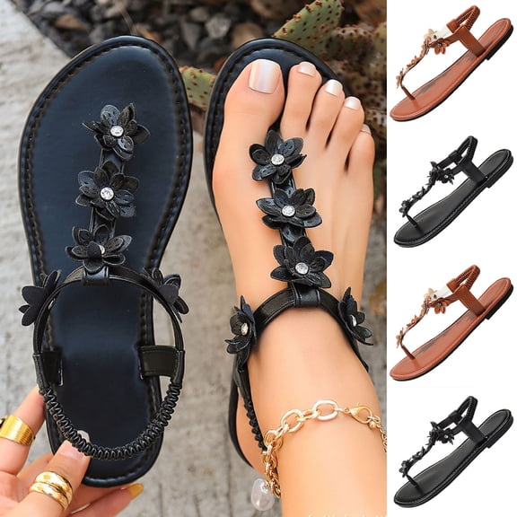 Miluxas Women's Flower Flat Sandals Wedding Sandals for Bride T-Strap Thongs Open Toe Summer Beach Shoes Brown 9.5(43)