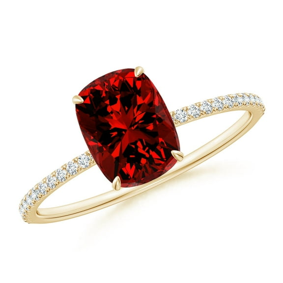 ANGARA Lab Grown 1.4 Ct Thin Shank Cushion Ruby Ring with Lab Diamond Accents for Women in 14K Yellow Gold (Size-8x6mm) | July Birthstone, Anniversary, Jewelry Gift for Women | Lab-Grown Ruby Ring