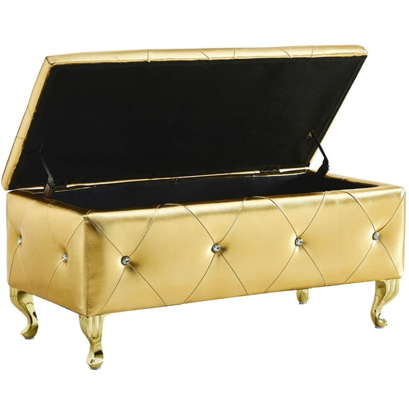 Nmkwnr Rectangular Storage Ottoman with Metal Legs, Upholstered End Of Bed Faux Leather Storage Bench for Living Room, Entryway, Gold