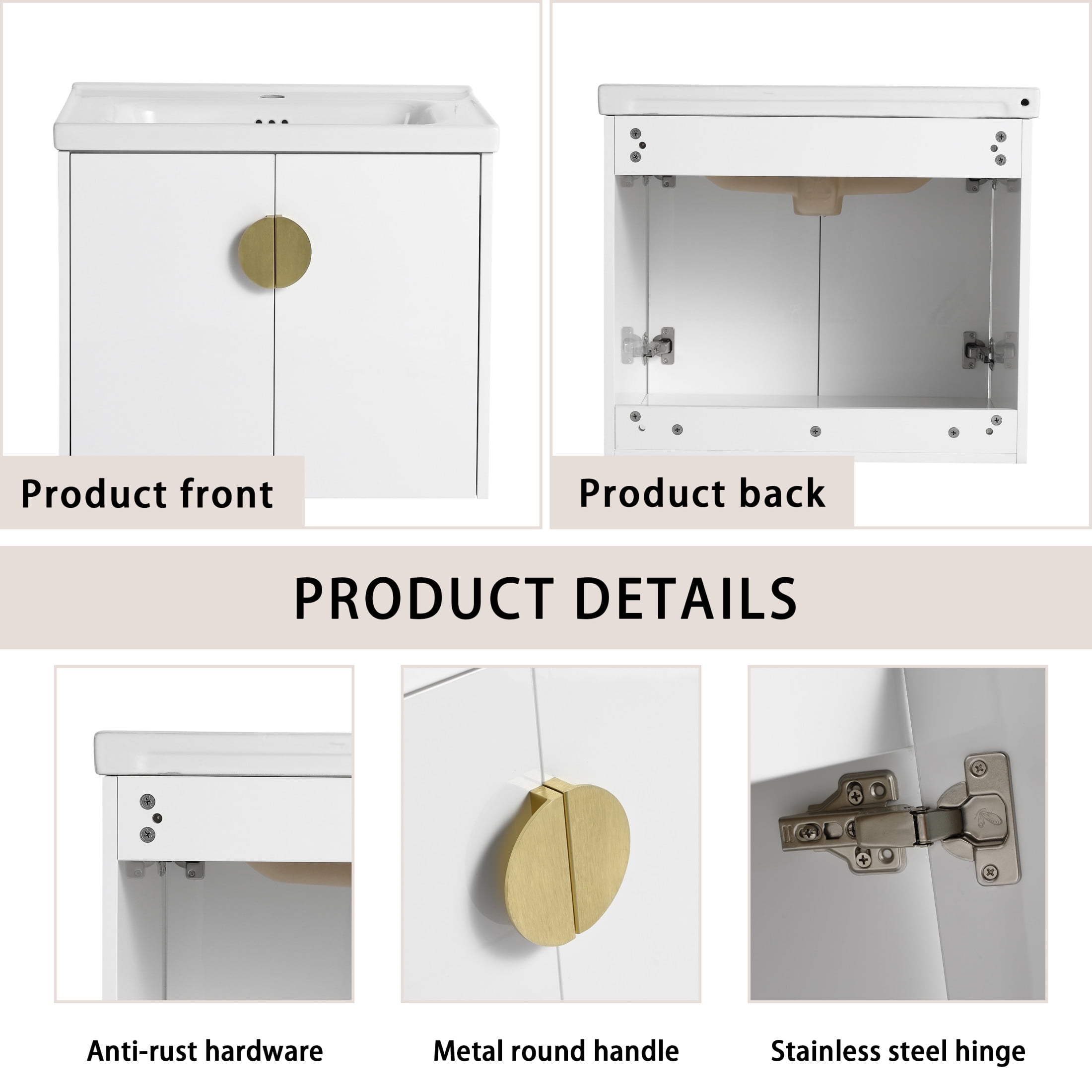 Noble House 24" Wall-Mounted Bathroom Vanity, Soft-Close Doors, Ceramic Sink, Metal Handles, Eco Plywood, Gloss White