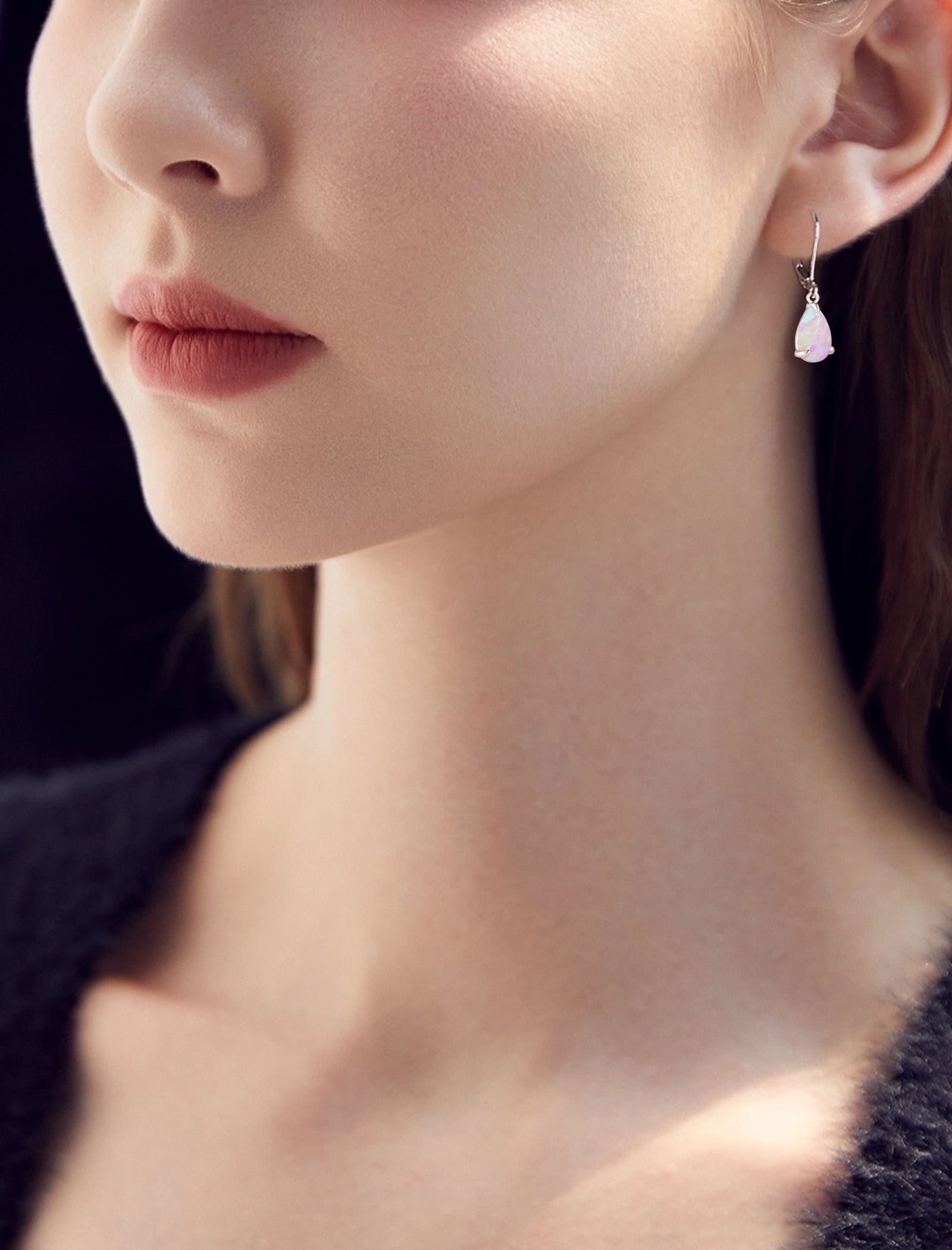 Vesitim Opal Earrings for Women Sterling Silver Teardrop Solitaire Dangle Drop Earring Birthstone Jewelry Gift Created Pink Opal