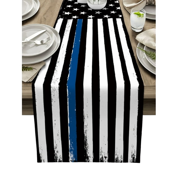 Boanket Thin Blue Line American Flag Table Runner - 70 Inch Long, Kitchen Dining Table Runner Dresser Scarves, Black USA Police Farmhouse Home Decor for Coffee Table Wedding Party Banquet