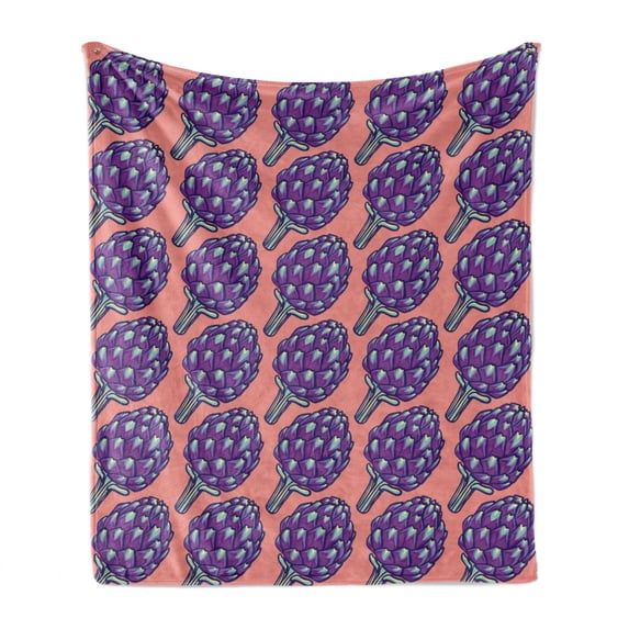 Artichoke Soft Flannel Fleece Throw Blanket, Violet Roman Artichokes on Coral Backdrop Organic Cooking Theme Grocery, Cozy Plush for Indoor and Outdoor Use, 60" x 80", Coral and Violet, by Ambesonne