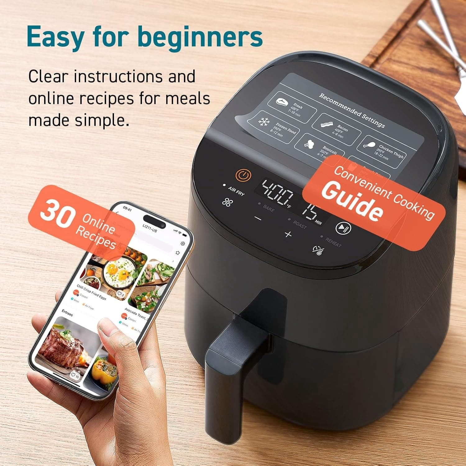 Air Fryer 2.1 QT, Small & Mini 4-in-1 airfryer Ideal for Simple Meals and Snack, Easy to Leftover Food to Crispy, Up to 97% Less Oil, 30 In-App Recipes, Nonstick & Dishwasher-Safe Basket