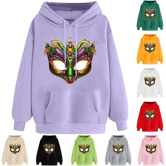 VBTAPA Mardi Gras Graphic Hoodies for Women Loose Casual Hoody Tops Carnival Themed Print Hooded Sweatshirt with Kangaroo Pocket Army Green L