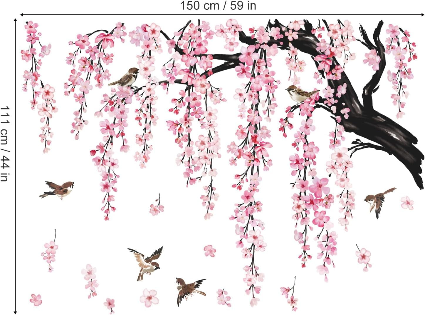 Large Flower Tree Branch Wall Stickers Flower Wall Stickers plant wall decal Pink Cherry Blossom Floral Birds Wall Art Decals Peel and Stick Removable Wall Stickers for Living Room Bedroom TV Wall