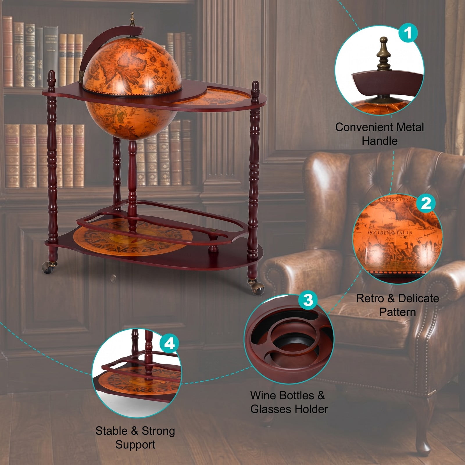 RUIE Vintage Globe Rolling Wine Bar Cart with Extra Shelf, Mobile World Map Liquor Storage Stand with 3 Casters for Home Kitchen Dining Room, Brown