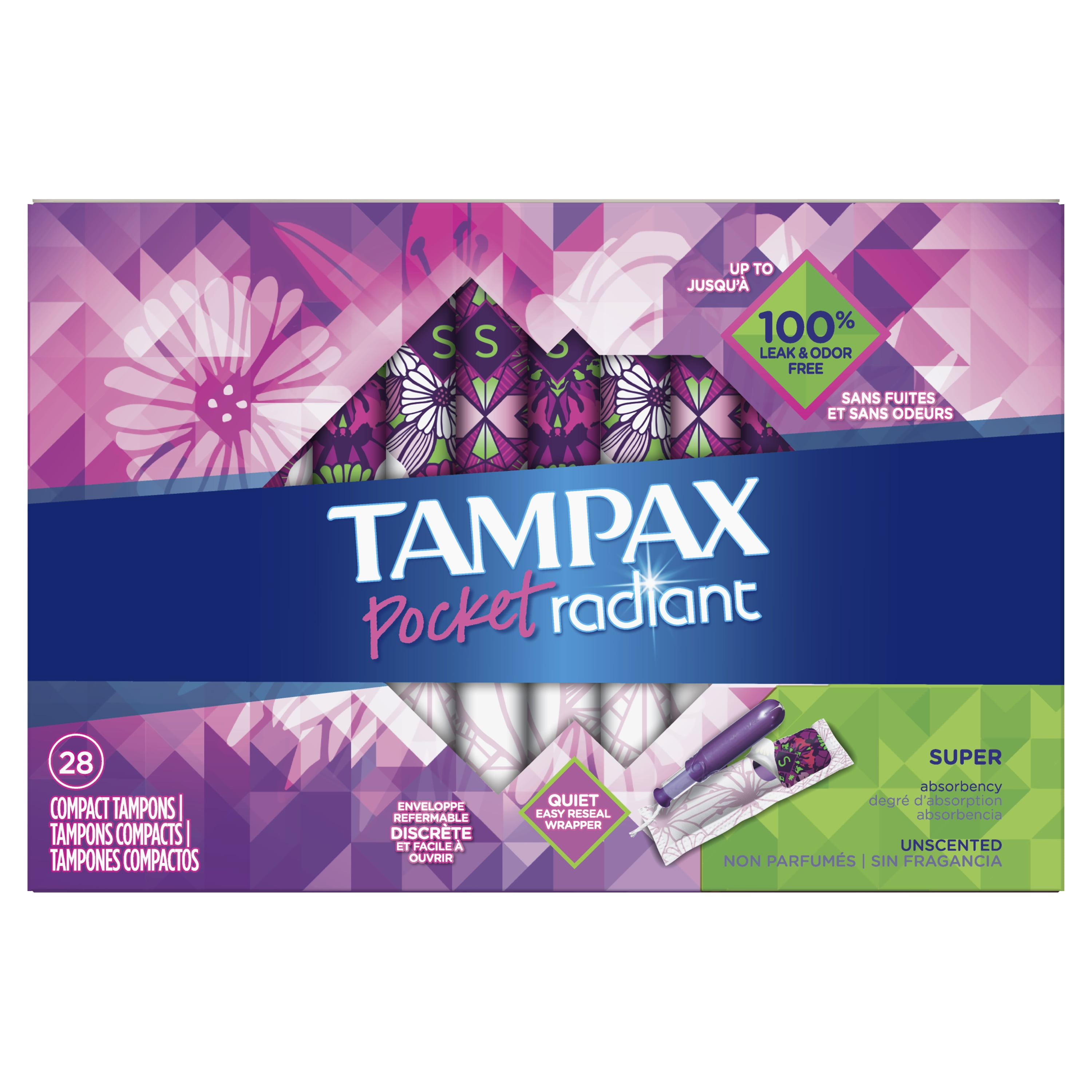 Tampax Pocket Radiant Compact Tampons Super Absorbency, 28 Count