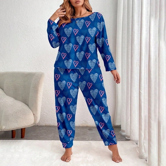 HOWPAY Valentines Pajamas for Women Set Heart Print Long Sleeve Button down Tops with Long Pants Sleepwear Causal Soft Comfy 2 Piece Pj Sets Blue XXL