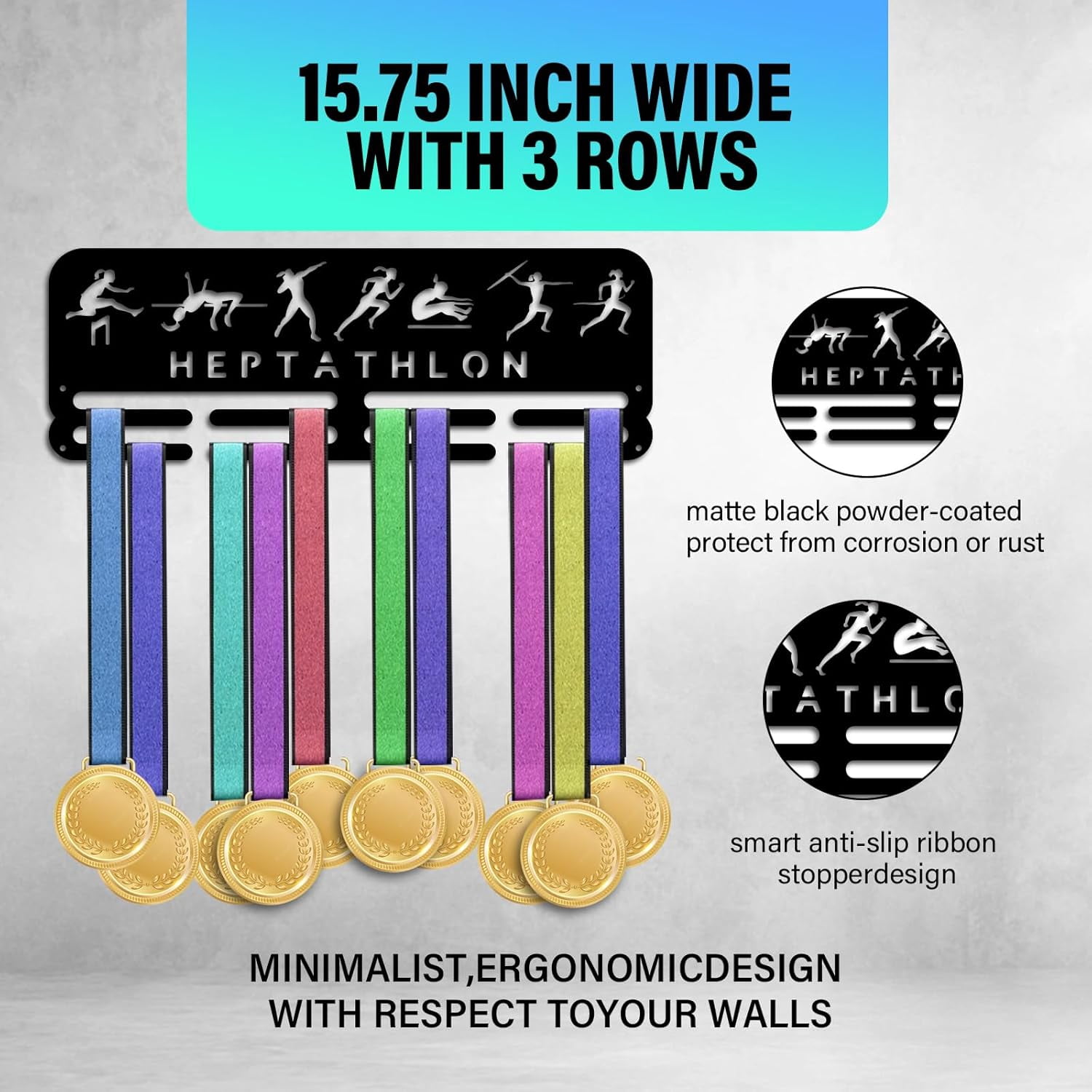 Medal Display Hanger Holder Heptathlon Pattern Medal Holder 15.7" Awards Ribbon Hanger Medal Display Wall Rack Sports Medal Hanger Display for Sports Athletes Awards Ribbons Cheer Making DIY
