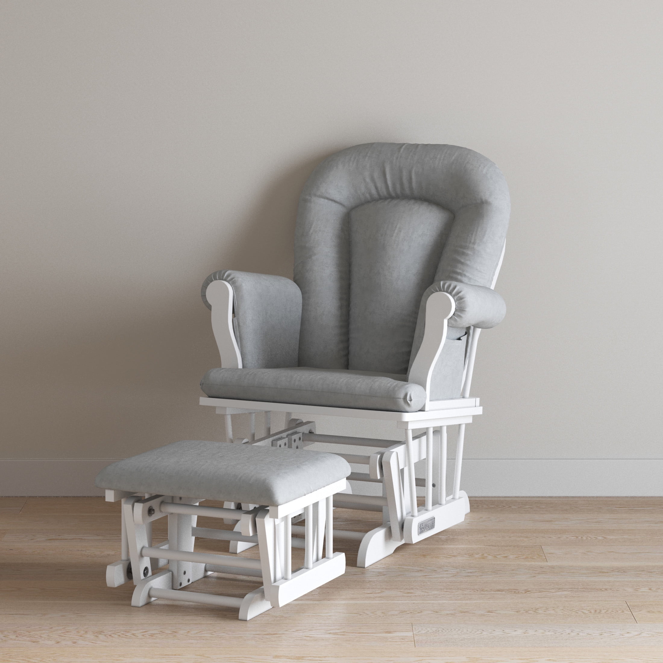 Child Craft Cozy Glider Rocker with Ottoman, Smooth Motion, Matte White Frame, Light Gray Cushion