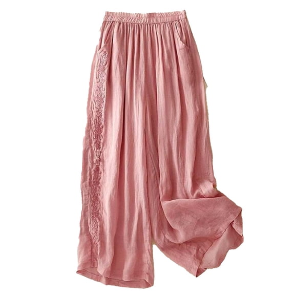 Admvng Womens Cotton Linen Pants Casual Embroidered Wide Leg Comfortable Summer Trousers