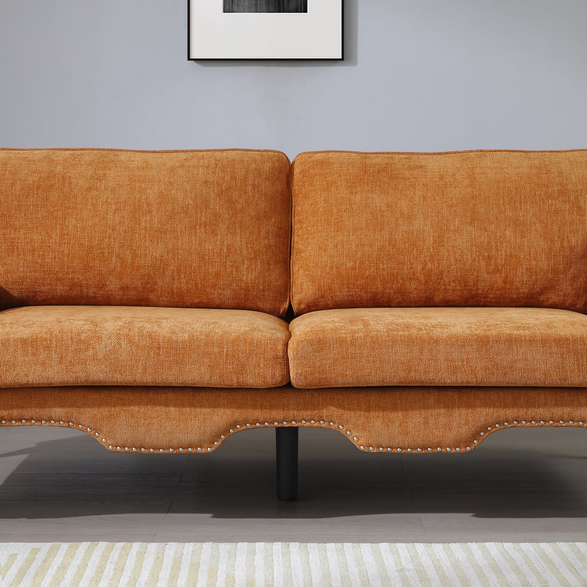 Aukfa 66" Small Sofa Deep Seat Couch with Crystal Button&Copper Nail, Roll Arm, Linen, Orange