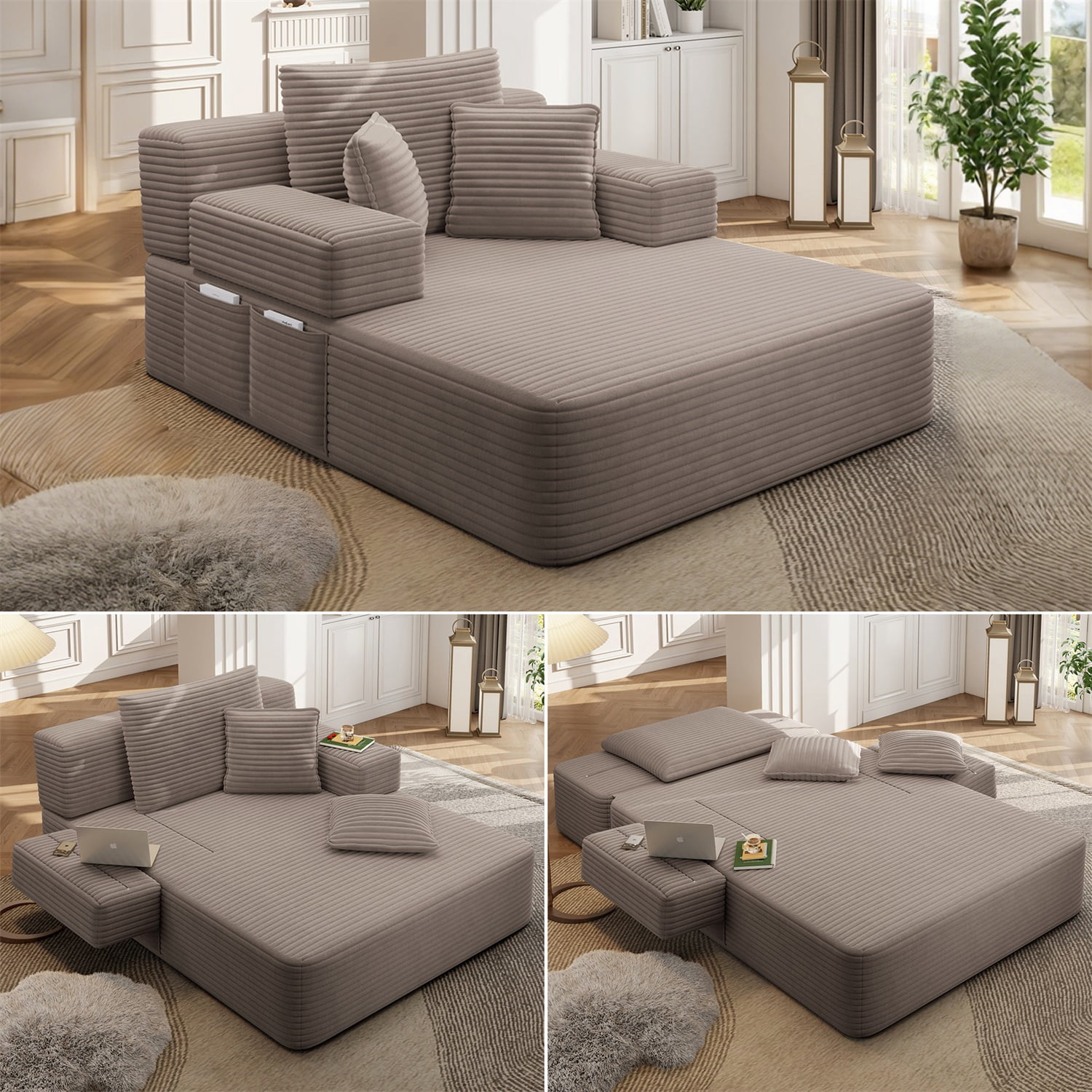 Hommoo Luxurious Plush Corduroy Chaise Lounge with 3 Pillows & Storage Pocket, Convertible Sofa Couch Bed Sleeper with Frameless Design & Compression Foam, Coffee