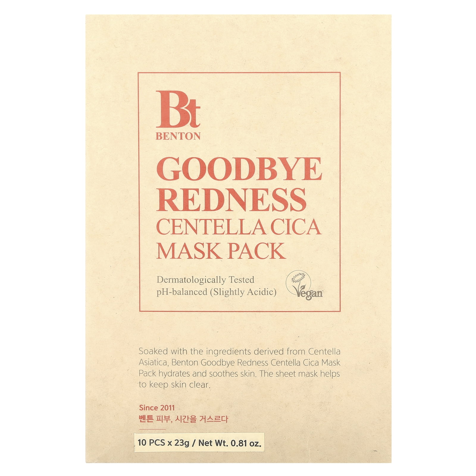 Benton Goodbye Redness Centella Mask Pack, 10 Masks