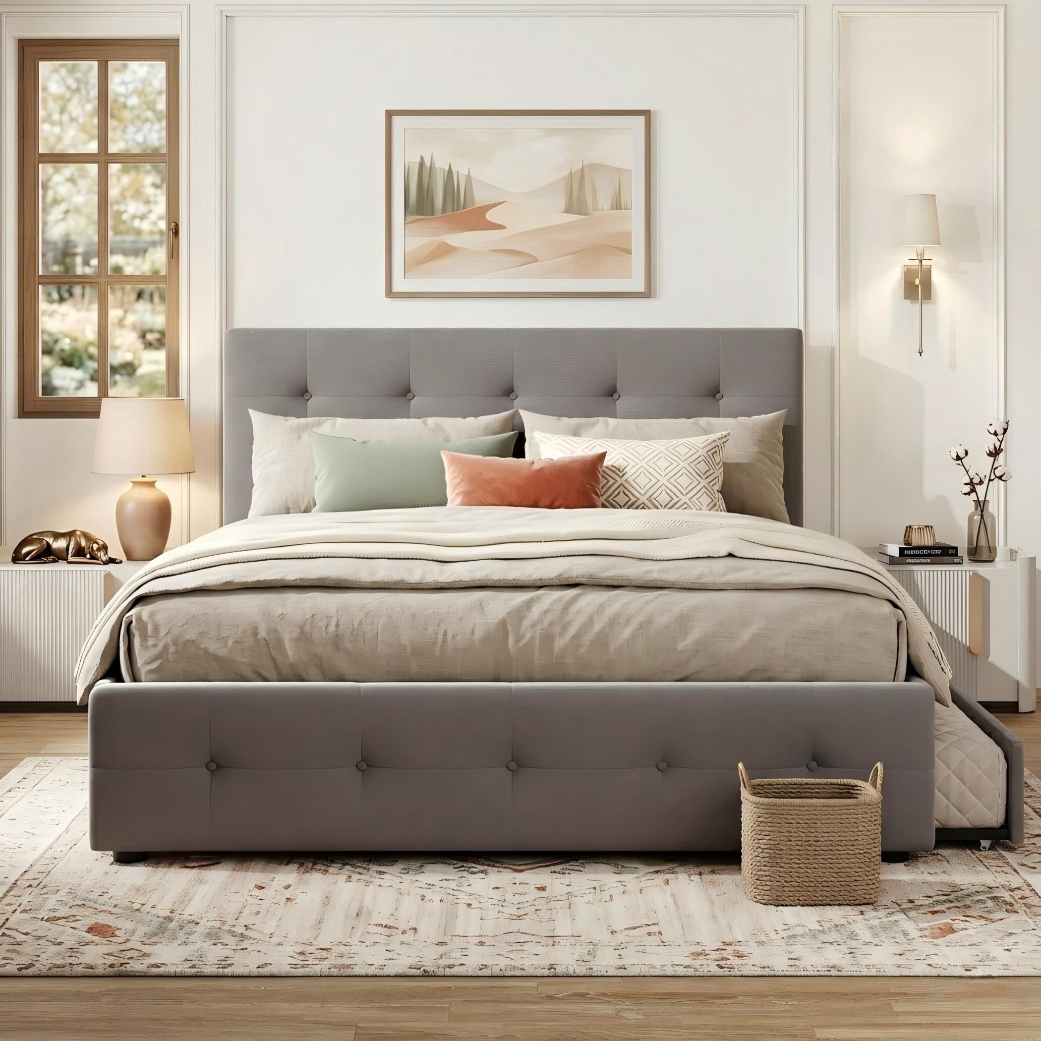 Aukfa Queen Upholstered Platform Bed with Twin XL Trundle and 2 Storage Drawers, Linen Fabric Tufted Headboard & Footboard, Gray