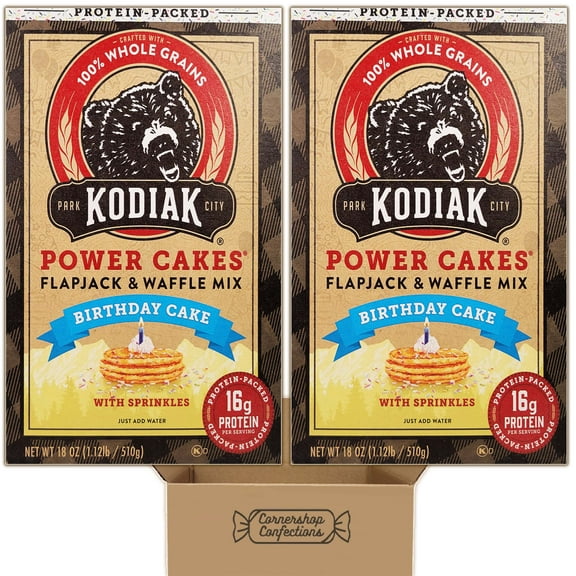 Kodiak Cakes Birthday Cake Flavored Power Cakes Bundle - High Protein Flapjack and Waffle Mix - 2 Individually Sealed 18 Ounce Boxes - Just Add Water or Add Milk - In Cornershop Pack