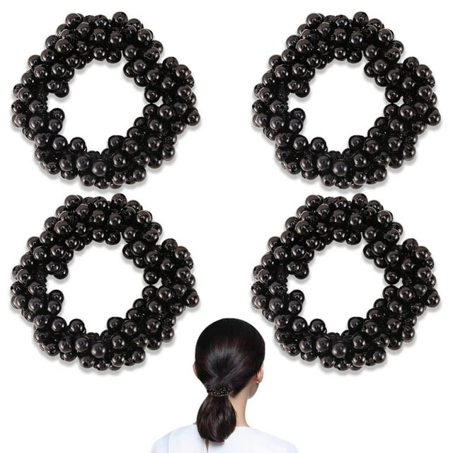 Paquete de 4 lazos para el cabello con perlas, coleteros para el cabello de tejido negro, accesorios elásticos para el cabello para mujeres y niñas