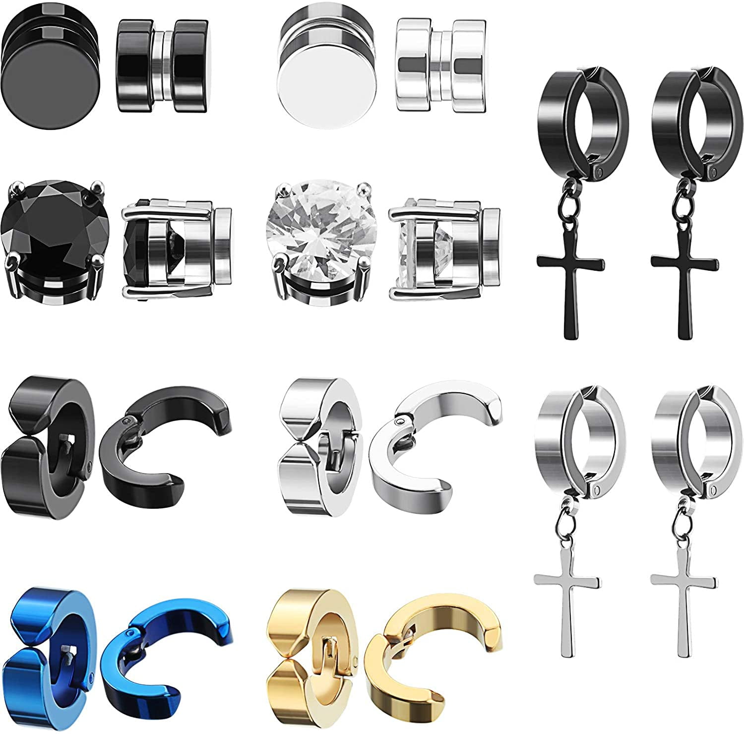 Dropship 12 Pairs Magnetic Stud Earrings For Men Stainless Magnetic Earrings  Non-Piercing Cross Dangle Hoop Earrings CZ Clip On Earring CZ Fake Earrings  Magnet Earrings Set to Sell Online at a Lower