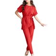 thumbnail image 1 of Birdeem Printemps et Été Femmes Élégant Bandage Uni Décontracté Manches Courtes Col Rond Blouses Hauts Ensembles Pantalons Longs, 1 of 12