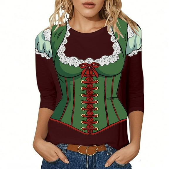 Women’s Casual Oktoberfest Themed Short Sleeve Round Neck T-Shirt Graphic Tee for Festivals and Retro Parties