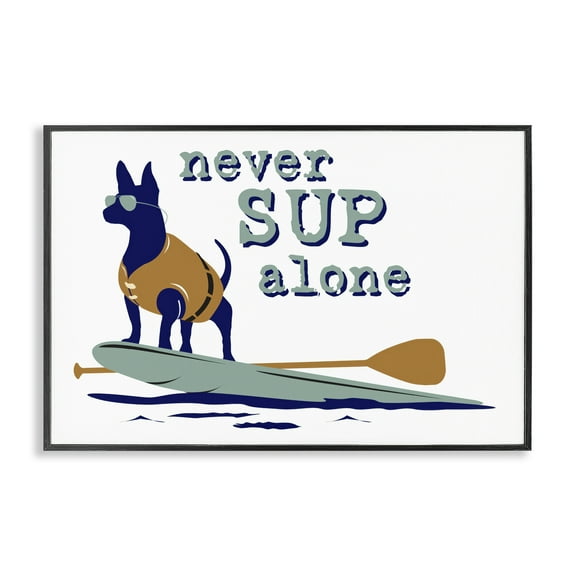 Stupell Industries Never Paddleboard Alone Dog Animals Painting Black Framed Art Print Wall Art, 18 x 12