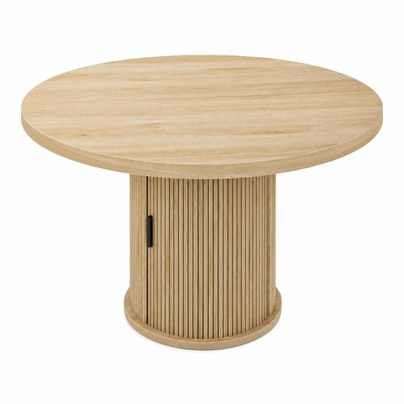 47 Inch Farmhouse Round Dining Table, Seats 4-6 People, Kitchen Dinner Table with 2-Tier Storage Shelf and Drawer, Space Saving Circle Table for Dining Room Living Room Home - Natural