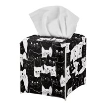 FUIALDOLG Cute Tissue Box Cover Square, Black White Kitty PU Leather Tissue Box Holder Waterproof, Decorative Facial Organizer for Bathroom, Vanity Countertop, Car