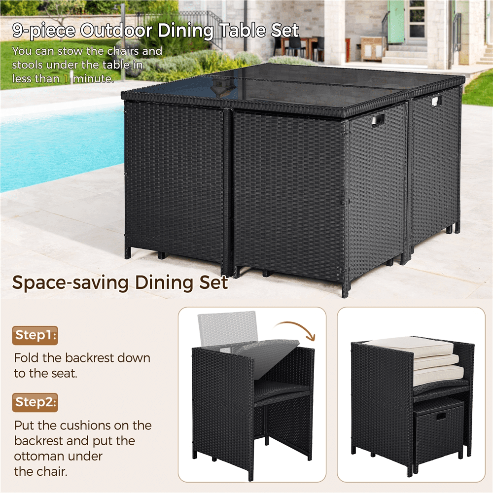 Renwick 9-Piece Patio Dining Set with Rattan Chairs, Table and Ottomans, Black/Beige