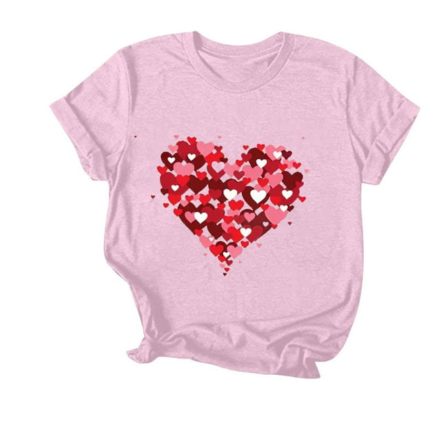 tarylea Hauts de la Saint-Valentin pour Femmes Col Rond Manches Courtes Chemises Imprimé Cœur Haut d'Été Ample Décontracté Basique