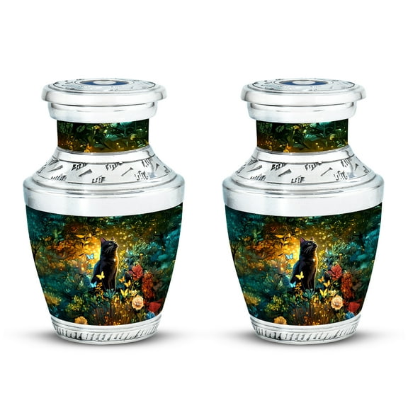 Yatskia Black Cat with Flowers Mini Memorial Urn for Adult Ashes Men and Women, Little Funeral Urns for Human Ashes Adult, (Tasty Pack of 2, 3 Inch)